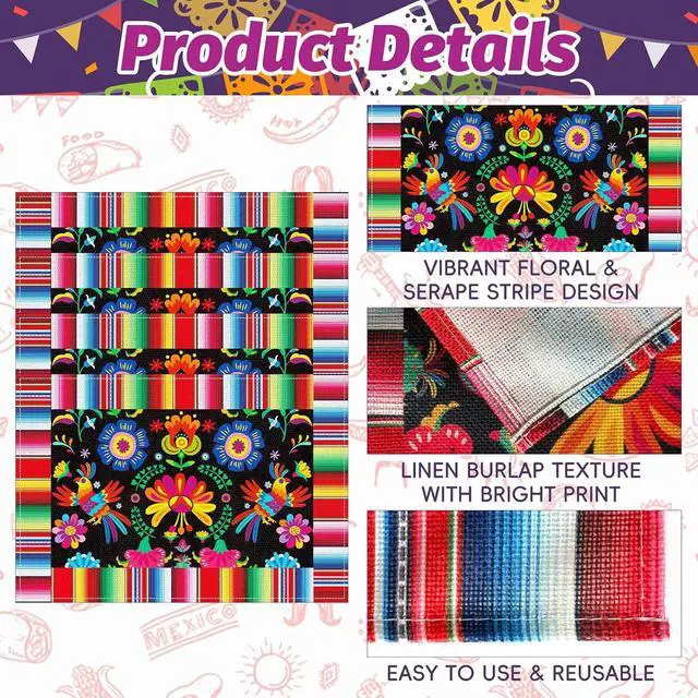 Alt view image 3 of 7 - 4 Pack 11.8 x 17.7 Inches Mexican Fiesta Placemats, Linen Burlap Table Plate Mats with Floral and Serape Stripe for Cinco de Mayo, Taco Night, Birthdays, Day of the Dead, Mexican-Themed Party Supplies