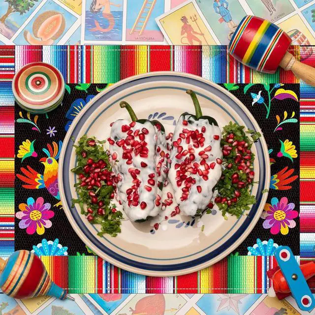 Alt view image 4 of 7 - 4 Pack 11.8 x 17.7 Inches Mexican Fiesta Placemats, Linen Burlap Table Plate Mats with Floral and Serape Stripe for Cinco de Mayo, Taco Night, Birthdays, Day of the Dead, Mexican-Themed Party Supplies