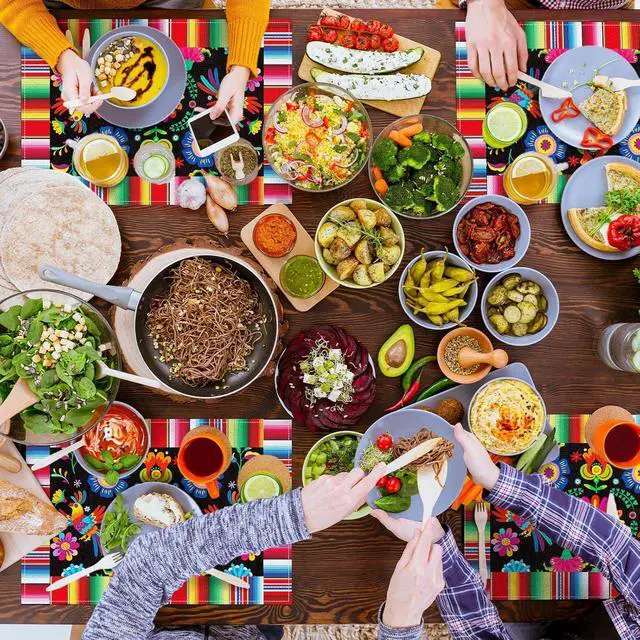 Alt view image 5 of 7 - 4 Pack 11.8 x 17.7 Inches Mexican Fiesta Placemats, Linen Burlap Table Plate Mats with Floral and Serape Stripe for Cinco de Mayo, Taco Night, Birthdays, Day of the Dead, Mexican-Themed Party Supplies
