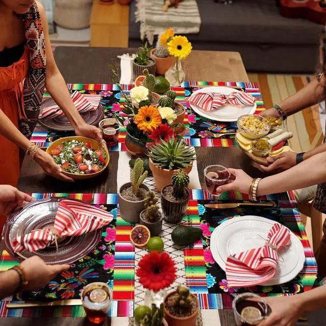 Alt view image 6 of 7 - 4 Pack 11.8 x 17.7 Inches Mexican Fiesta Placemats, Linen Burlap Table Plate Mats with Floral and Serape Stripe for Cinco de Mayo, Taco Night, Birthdays, Day of the Dead, Mexican-Themed Party Supplies