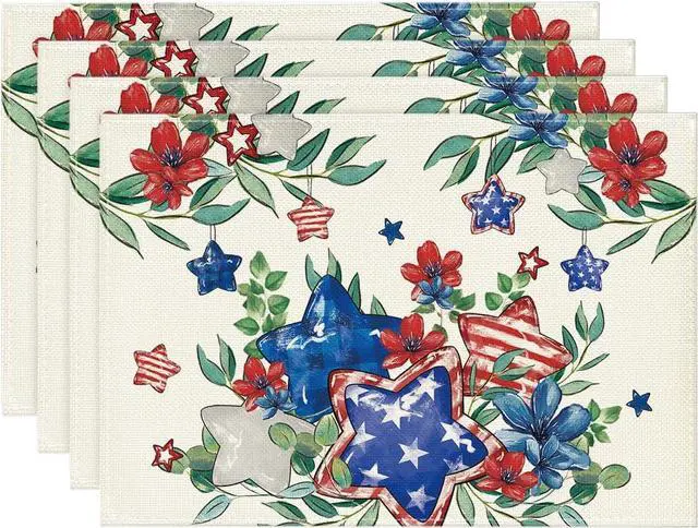 Main image of Artoid Mode American Flag Patriotic Stars Flower 4th of July Placemats Set of 4, 12x18 Inch Memorial Day Table Mats for Party Kitchen Dining Decoration