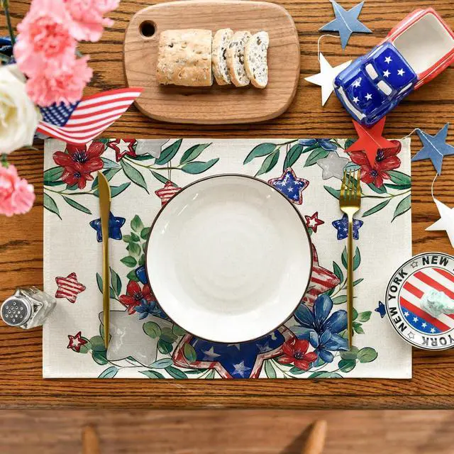 Alt view image 2 of 7 - Artoid Mode American Flag Patriotic Stars Flower 4th of July Placemats Set of 4, 12x18 Inch Memorial Day Table Mats for Party Kitchen Dining Decoration
