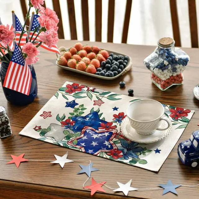 Alt view image 3 of 7 - Artoid Mode American Flag Patriotic Stars Flower 4th of July Placemats Set of 4, 12x18 Inch Memorial Day Table Mats for Party Kitchen Dining Decoration