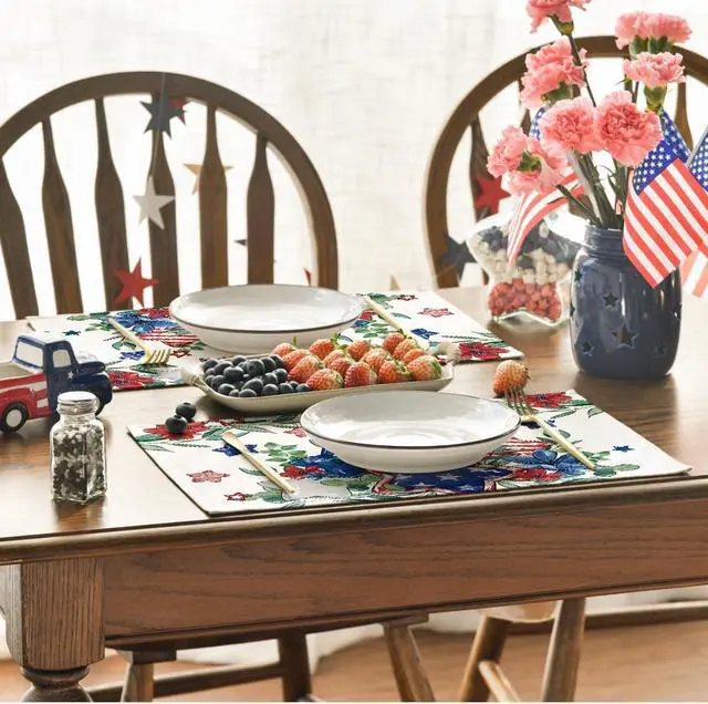 Alt view image 4 of 7 - Artoid Mode American Flag Patriotic Stars Flower 4th of July Placemats Set of 4, 12x18 Inch Memorial Day Table Mats for Party Kitchen Dining Decoration