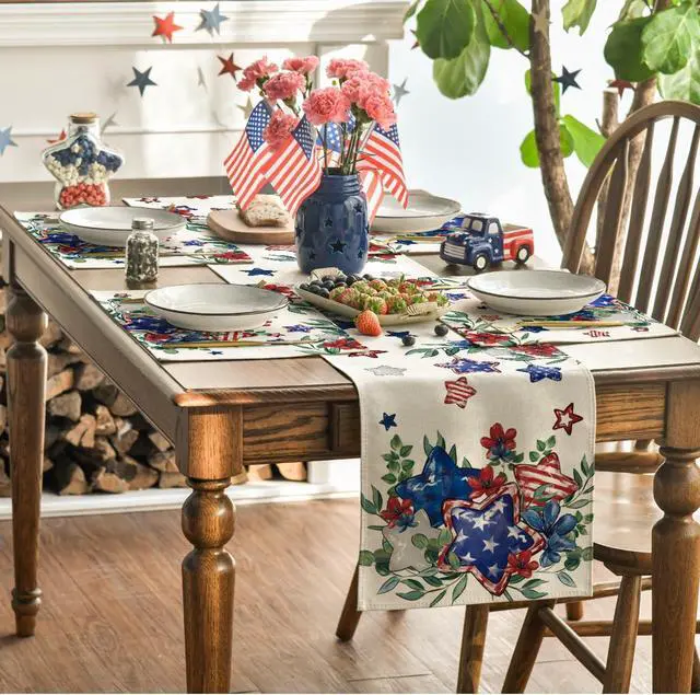 Alt view image 5 of 7 - Artoid Mode American Flag Patriotic Stars Flower 4th of July Placemats Set of 4, 12x18 Inch Memorial Day Table Mats for Party Kitchen Dining Decoration