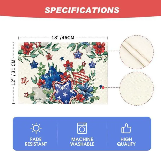 Alt view image 6 of 7 - Artoid Mode American Flag Patriotic Stars Flower 4th of July Placemats Set of 4, 12x18 Inch Memorial Day Table Mats for Party Kitchen Dining Decoration