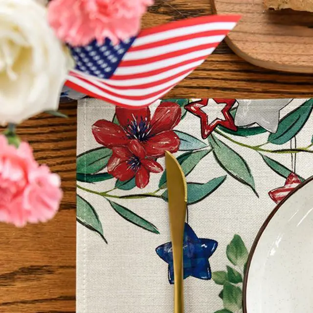 Alt view image 7 of 7 - Artoid Mode American Flag Patriotic Stars Flower 4th of July Placemats Set of 4, 12x18 Inch Memorial Day Table Mats for Party Kitchen Dining Decoration