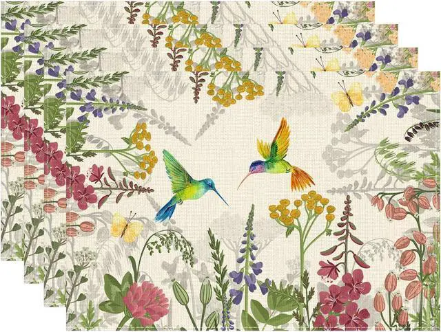 Main image of XCHI Wildflowers Grass Hummingbirds Spring Placemats Set of 4 Summer Table Mats for Party Home Kitchen Dining Table Decorations 12x18 Inch