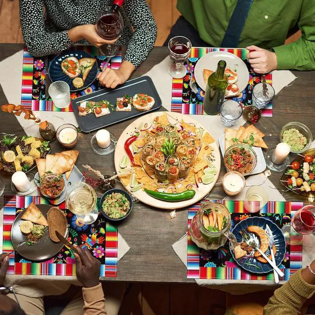 Alt view image 7 of 7 - 4 Pack 11.8 x 17.7 Inches Mexican Fiesta Placemats, Linen Burlap Table Plate Mats with Floral and Serape Stripe for Cinco de Mayo, Taco Night, Birthdays, Day of the Dead, Mexican-Themed Party Supplies