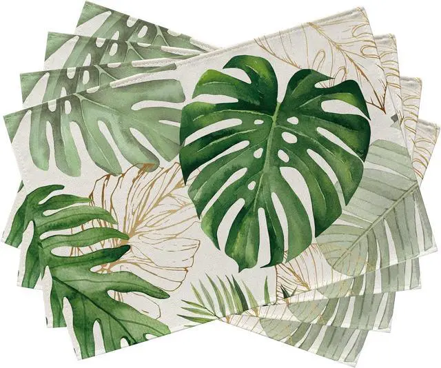 Main image of Seliem Spring Summer Palm Leaves Placemats Set of 4 | Tropical Greenery Monstera Plant Dining Table Place Mats, Hawaii Seasonal Kitchen Decor Home Decoration 12 x 18 Inch