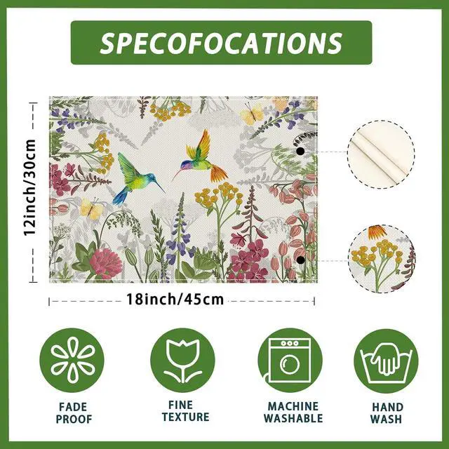 Alt view image 5 of 5 - XCHI Wildflowers Grass Hummingbirds Spring Placemats Set of 4 Summer Table Mats for Party Home Kitchen Dining Table Decorations 12x18 Inch