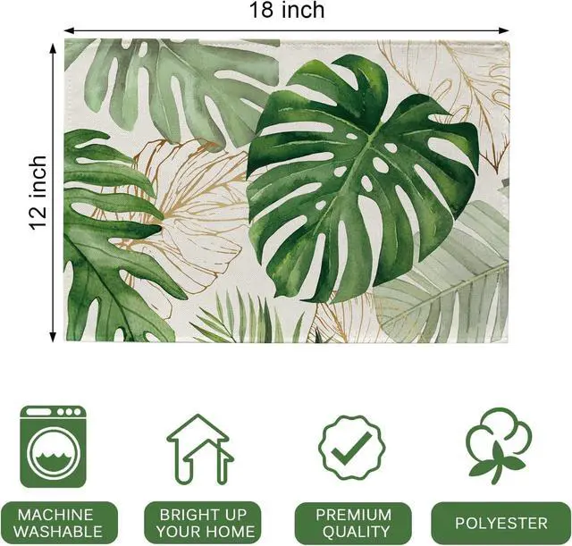 Alt view image 2 of 7 - Seliem Spring Summer Palm Leaves Placemats Set of 4 | Tropical Greenery Monstera Plant Dining Table Place Mats, Hawaii Seasonal Kitchen Decor Home Decoration 12 x 18 Inch
