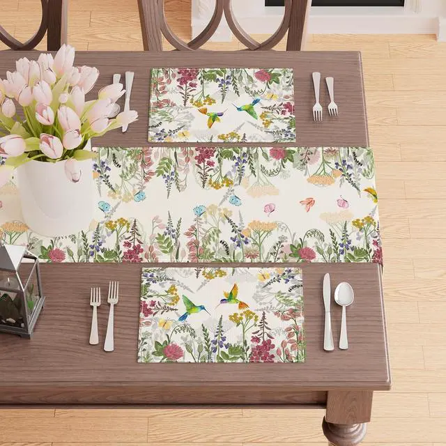 Alt view image 3 of 5 - XCHI Wildflowers Grass Hummingbirds Spring Placemats Set of 4 Summer Table Mats for Party Home Kitchen Dining Table Decorations 12x18 Inch
