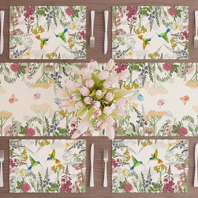 Alt view image 2 of 5 - XCHI Wildflowers Grass Hummingbirds Spring Placemats Set of 4 Summer Table Mats for Party Home Kitchen Dining Table Decorations 12x18 Inch