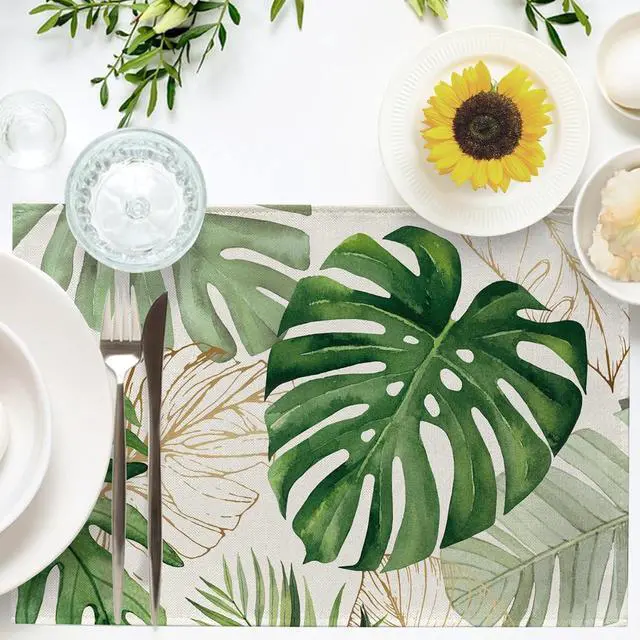 Alt view image 4 of 7 - Seliem Spring Summer Palm Leaves Placemats Set of 4 | Tropical Greenery Monstera Plant Dining Table Place Mats, Hawaii Seasonal Kitchen Decor Home Decoration 12 x 18 Inch