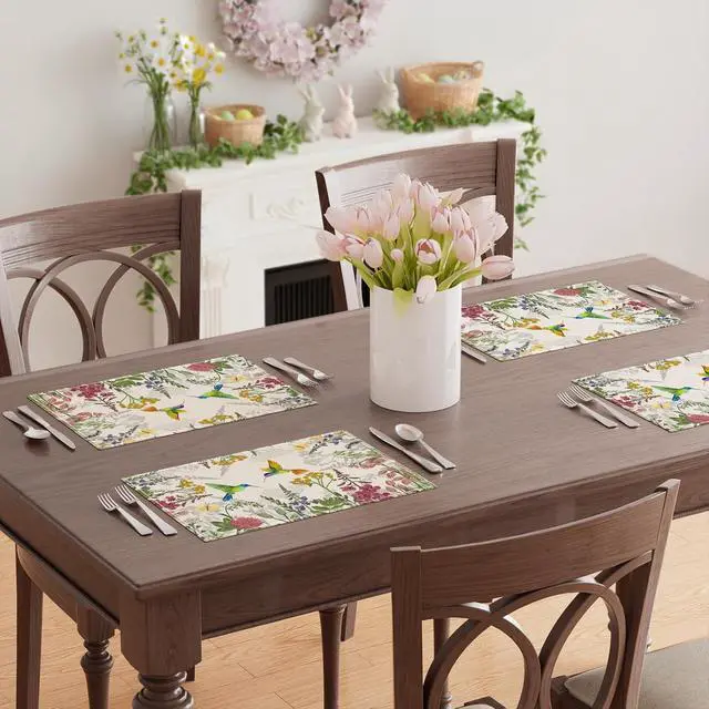 Alt view image 4 of 5 - XCHI Wildflowers Grass Hummingbirds Spring Placemats Set of 4 Summer Table Mats for Party Home Kitchen Dining Table Decorations 12x18 Inch