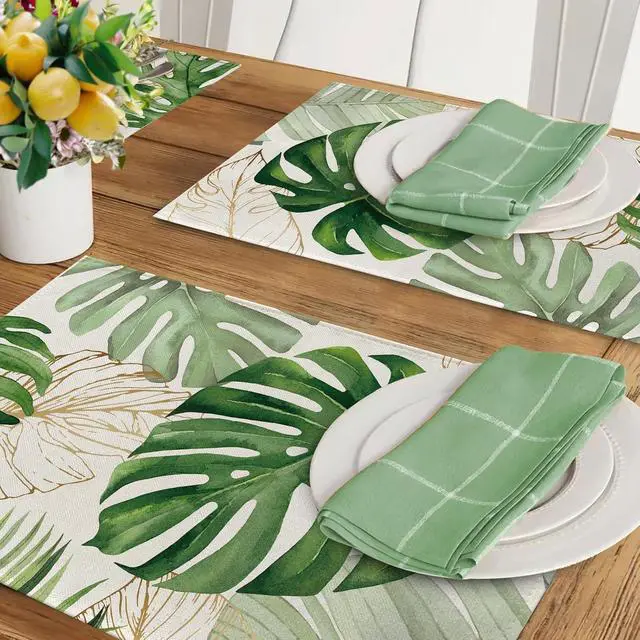 Alt view image 6 of 7 - Seliem Spring Summer Palm Leaves Placemats Set of 4 | Tropical Greenery Monstera Plant Dining Table Place Mats, Hawaii Seasonal Kitchen Decor Home Decoration 12 x 18 Inch