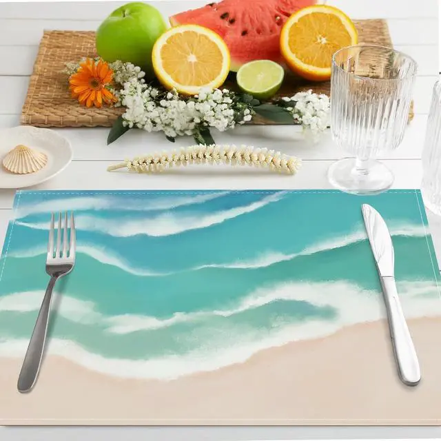 Alt view image 2 of 6 - Bonhause Coastal Beach Placemats Set of 4, 12x18 Inch Teal Blue Summer Ocean Wave Sand Kitchen Dining Table Mats Washable Place Mats for Indoor Outdoor Home Party Decor