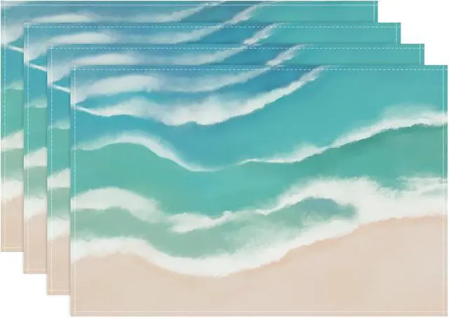 Main image of Bonhause Coastal Beach Placemats Set of 4, 12x18 Inch Teal Blue Summer Ocean Wave Sand Kitchen Dining Table Mats Washable Place Mats for Indoor Outdoor Home Party Decor