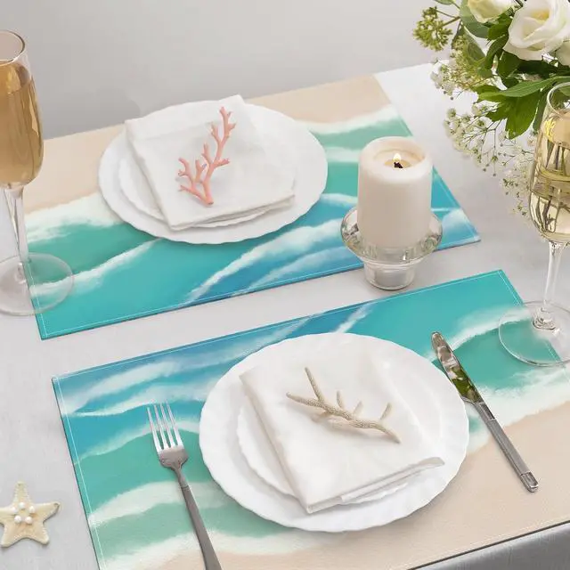 Alt view image 3 of 6 - Bonhause Coastal Beach Placemats Set of 4, 12x18 Inch Teal Blue Summer Ocean Wave Sand Kitchen Dining Table Mats Washable Place Mats for Indoor Outdoor Home Party Decor