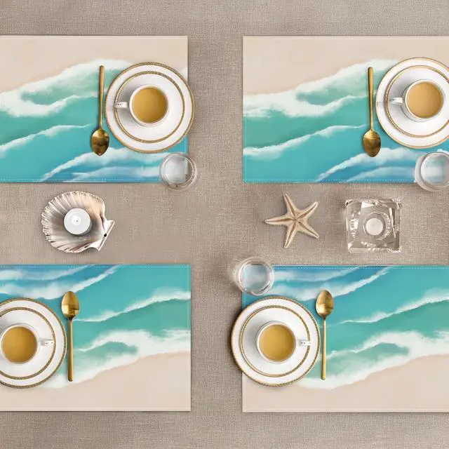Alt view image 4 of 6 - Bonhause Coastal Beach Placemats Set of 4, 12x18 Inch Teal Blue Summer Ocean Wave Sand Kitchen Dining Table Mats Washable Place Mats for Indoor Outdoor Home Party Decor