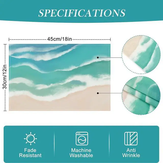 Alt view image 6 of 6 - Bonhause Coastal Beach Placemats Set of 4, 12x18 Inch Teal Blue Summer Ocean Wave Sand Kitchen Dining Table Mats Washable Place Mats for Indoor Outdoor Home Party Decor