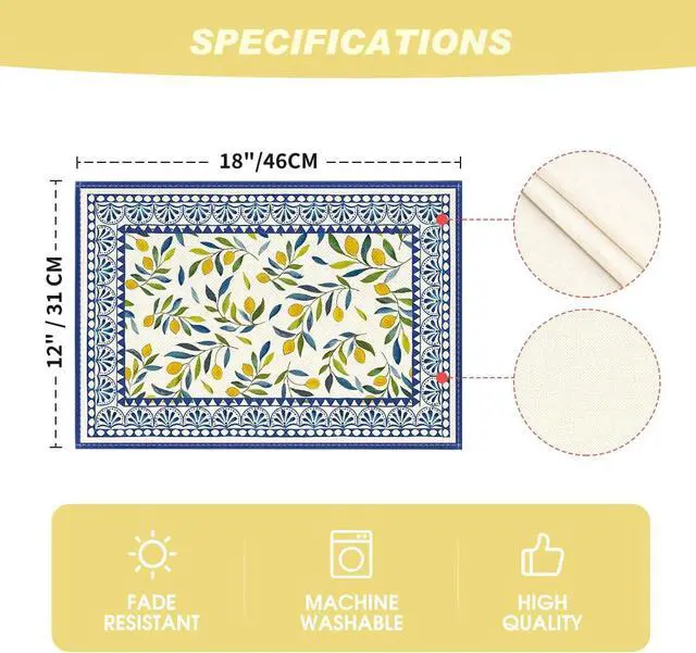 Alt view image 7 of 7 - Artoid Mode Lemon Branches Leaves Lace Summer Placemats Set of 4, 12x18 Inch Seasonal Holiday Table Mats for Party Kitchen Dining Decoration