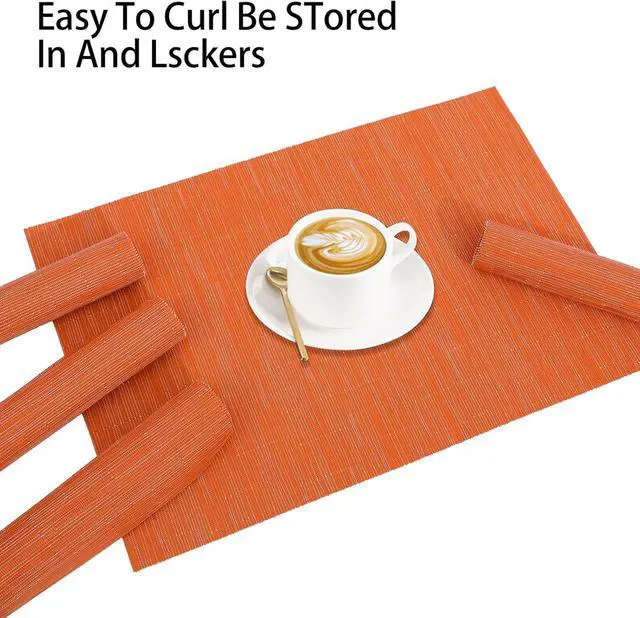 Alt view image 3 of 5 - Placemats Set of 4 Woven Place Mats for Dining Table Kitchen Washable Stain Resistant Heat Insulation Non-Slip Kitchen Strip (Orange)