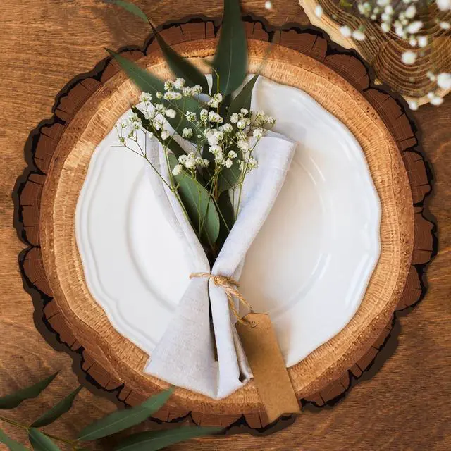 Alt view image 6 of 6 - Wooden Slice Paper Place Mats Set of 24,13.5" Round Rustic Brown Place Mat for Farmhouse Tan Table Setting Summer Spring Fall Winter Wedding Birthday Dinner Party Decor