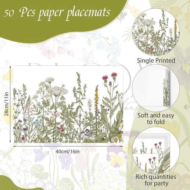 Alt view image 2 of 7 - Vintage Wildflowers Floral Paper Placemats Disposable 50 Pack 16x 11 Inch Seasonal Wildflower Place Mats for Spring Summer Bridal Shower Wedding Birthday Party Supplies