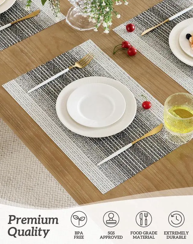 Alt view image 2 of 7 - Leetaltree Woven Vinyl Placemats Set of 4,Black& White | Waterproof & Washable Dining Table Mats for Wedding, Anniversary, Daily Use, Hand-Cut, Easy to Clean