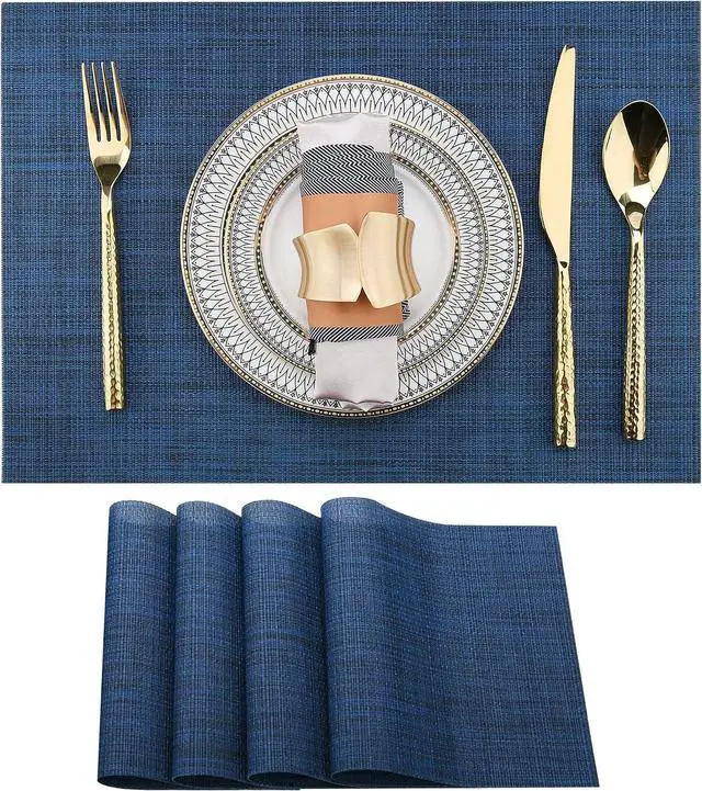 Main image of SLKQG Navy Blue Placemats Set of 4 - Easy Clean Washable Vinyl Placemats - Wipeable Heat Resistant Table Mats for Dining Table - 17x12 Inch (Navy Blue, 4)