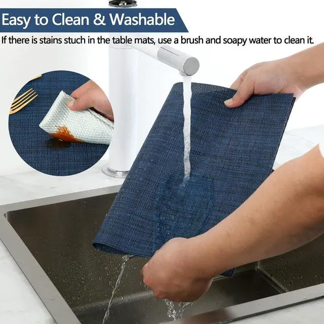 Alt view image 2 of 7 - SLKQG Navy Blue Placemats Set of 4 - Easy Clean Washable Vinyl Placemats - Wipeable Heat Resistant Table Mats for Dining Table - 17x12 Inch (Navy Blue, 4)