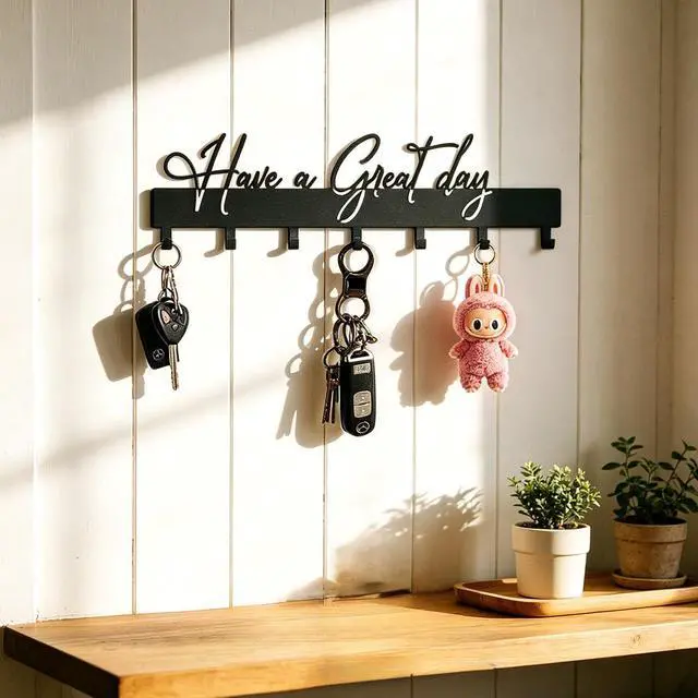 Alt view image 2 of 7 - Have a Great Day Key Hooks for Wall Decoration,Delicate Fashion Black Metal Key Holder Wall Mount,Have a Great Day Key Hanger with 7 Kooks for Hallway,Office