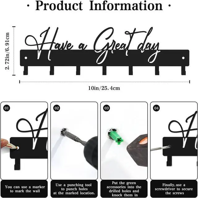 Alt view image 3 of 7 - Have a Great Day Key Hooks for Wall Decoration,Delicate Fashion Black Metal Key Holder Wall Mount,Have a Great Day Key Hanger with 7 Kooks for Hallway,Office