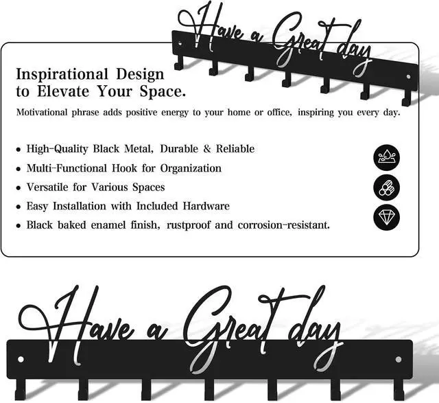 Alt view image 5 of 7 - Have a Great Day Key Hooks for Wall Decoration,Delicate Fashion Black Metal Key Holder Wall Mount,Have a Great Day Key Hanger with 7 Kooks for Hallway,Office