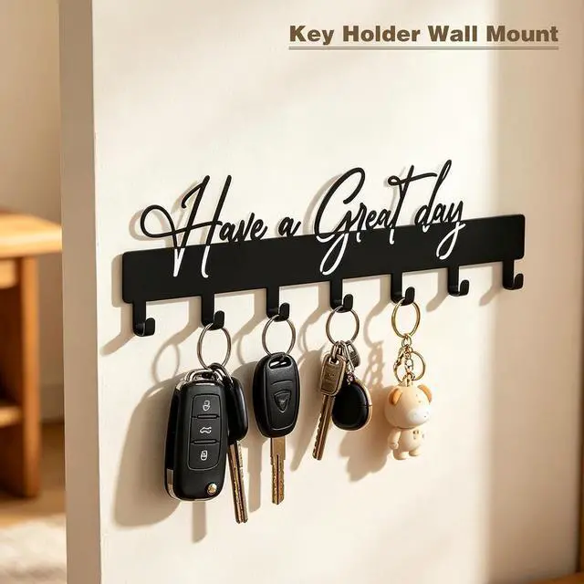 Alt view image 6 of 7 - Have a Great Day Key Hooks for Wall Decoration,Delicate Fashion Black Metal Key Holder Wall Mount,Have a Great Day Key Hanger with 7 Kooks for Hallway,Office
