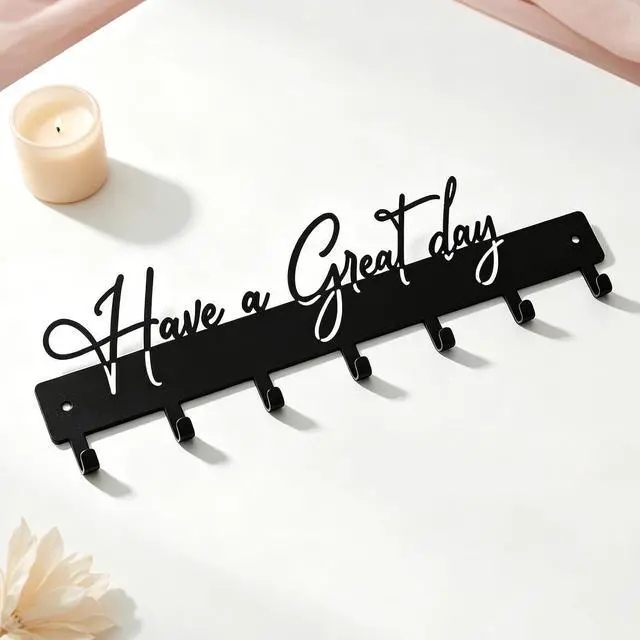 Alt view image 7 of 7 - Have a Great Day Key Hooks for Wall Decoration,Delicate Fashion Black Metal Key Holder Wall Mount,Have a Great Day Key Hanger with 7 Kooks for Hallway,Office