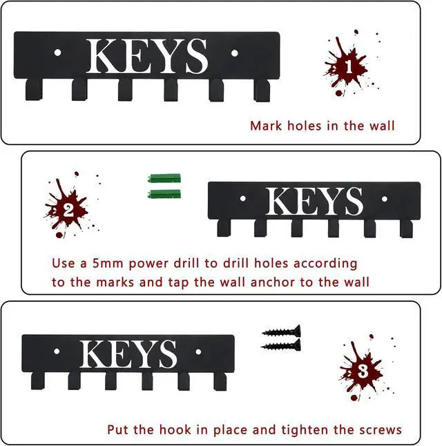 Alt view image 3 of 6 - Key Hooks Holder for Wall Mounted with 6 Hooks, Key Hanger Rack Wall Decorative for Home, Dog Leash Holder, Entryway, Hallway, Office, Black (Black-Keys-6)