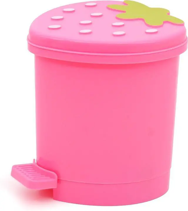 Main image of Desktop Trash Can with Lid, Pink Strawberry Mini for Office & Car | Mini desktop trash can swing lid, pink strawberry design, wastebasket desk, car, office & kitchen, plastic garbage can