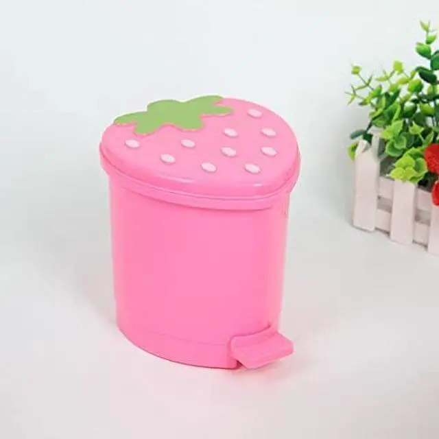 Alt view image 3 of 6 - Desktop Trash Can with Lid, Pink Strawberry Mini for Office & Car | Mini desktop trash can swing lid, pink strawberry design, wastebasket desk, car, office & kitchen, plastic garbage can