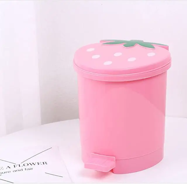 Alt view image 4 of 6 - Desktop Trash Can with Lid, Pink Strawberry Mini for Office & Car | Mini desktop trash can swing lid, pink strawberry design, wastebasket desk, car, office & kitchen, plastic garbage can