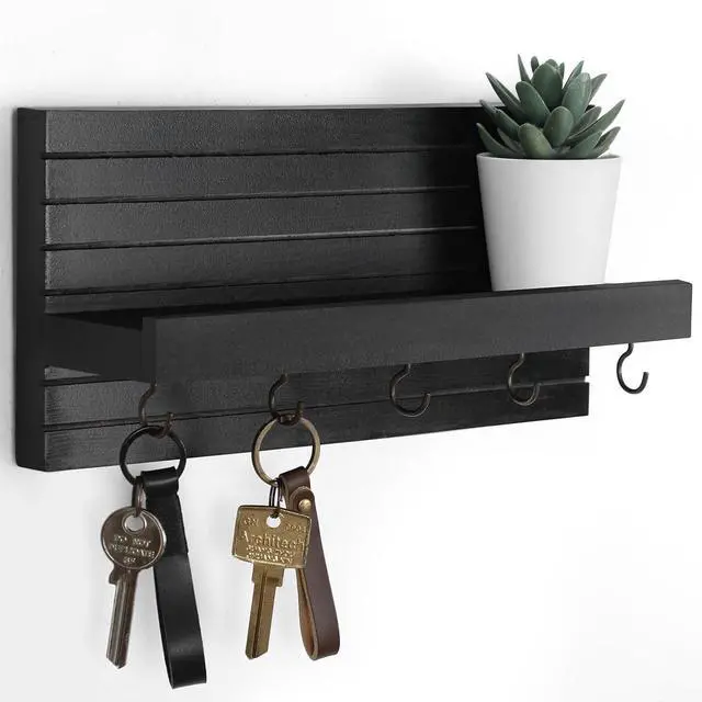 Main image of Lwenki Decorative Key Holder for Wall with Shelf, Entryway Shelf with Hooks Holds Leashes, Jackets and Glasses Sturdy Wood Keyholder Entrance Hanger with Mounting Hardware (Black, Medium)