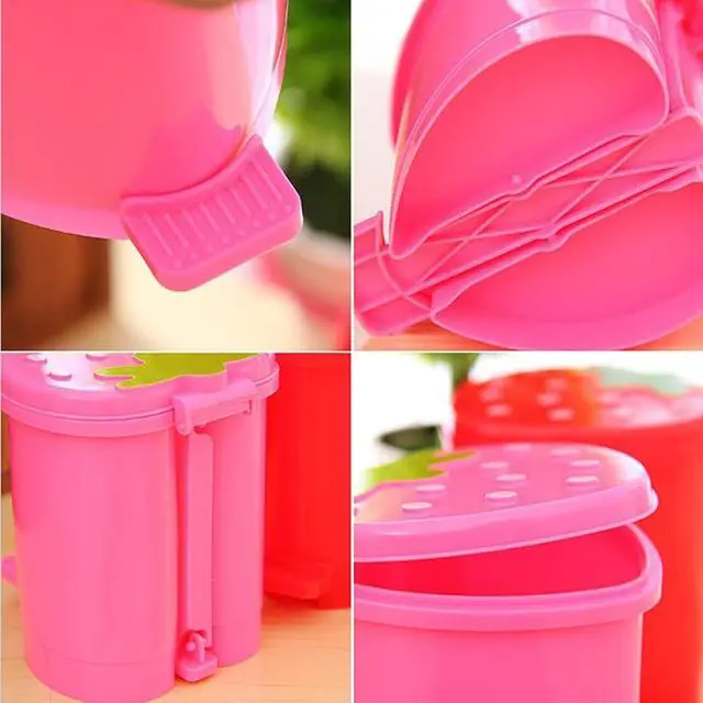 Alt view image 6 of 6 - Desktop Trash Can with Lid, Pink Strawberry Mini for Office & Car | Mini desktop trash can swing lid, pink strawberry design, wastebasket desk, car, office & kitchen, plastic garbage can
