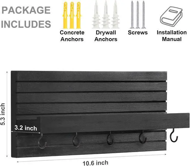 Alt view image 2 of 7 - Lwenki Decorative Key Holder for Wall with Shelf, Entryway Shelf with Hooks Holds Leashes, Jackets and Glasses Sturdy Wood Keyholder Entrance Hanger with Mounting Hardware (Black, Medium)