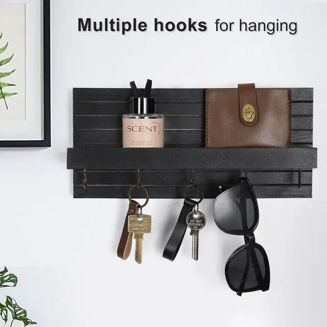 Alt view image 3 of 7 - Lwenki Decorative Key Holder for Wall with Shelf, Entryway Shelf with Hooks Holds Leashes, Jackets and Glasses Sturdy Wood Keyholder Entrance Hanger with Mounting Hardware (Black, Medium)