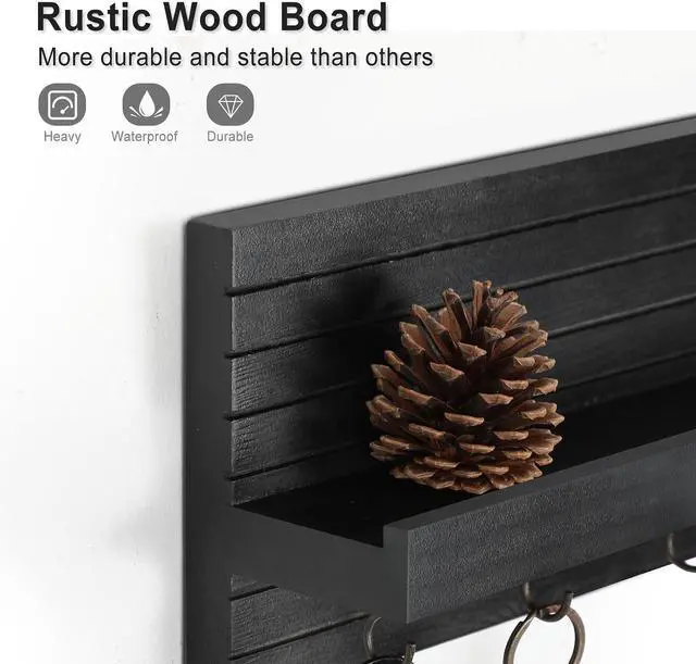 Alt view image 4 of 7 - Lwenki Decorative Key Holder for Wall with Shelf, Entryway Shelf with Hooks Holds Leashes, Jackets and Glasses Sturdy Wood Keyholder Entrance Hanger with Mounting Hardware (Black, Medium)