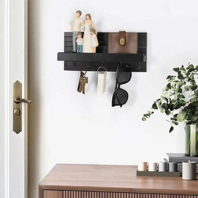 Alt view image 5 of 7 - Lwenki Decorative Key Holder for Wall with Shelf, Entryway Shelf with Hooks Holds Leashes, Jackets and Glasses Sturdy Wood Keyholder Entrance Hanger with Mounting Hardware (Black, Medium)