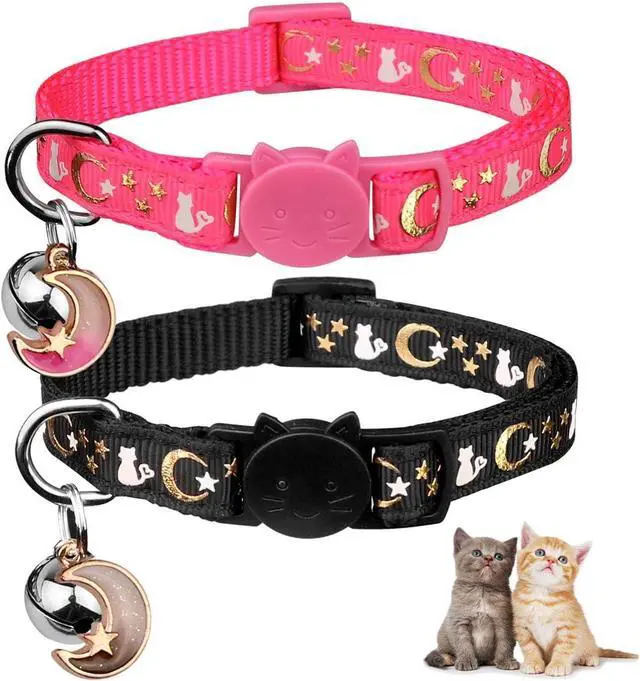 Main image of Baeuppit 2PCS Breakaway Cat Collars with Bell Moons Stars Cute Kitty Adjustable Safe Kitten Collars with Pendant Glow in The Dark(Black&Pink)