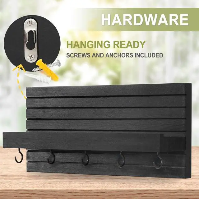Alt view image 6 of 7 - Lwenki Decorative Key Holder for Wall with Shelf, Entryway Shelf with Hooks Holds Leashes, Jackets and Glasses Sturdy Wood Keyholder Entrance Hanger with Mounting Hardware (Black, Medium)